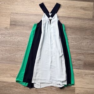 BCBGMaxAzria light blue, navy blue & green Halter Colorblock Mini Dress